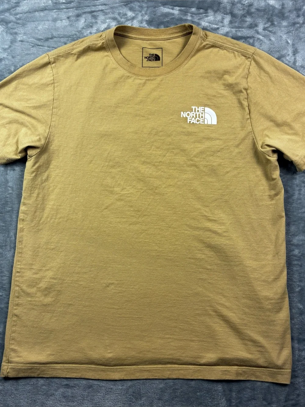 North Face Never Stop Exploring T-Shirt Size Large Tan Double Sided 100% Cotton